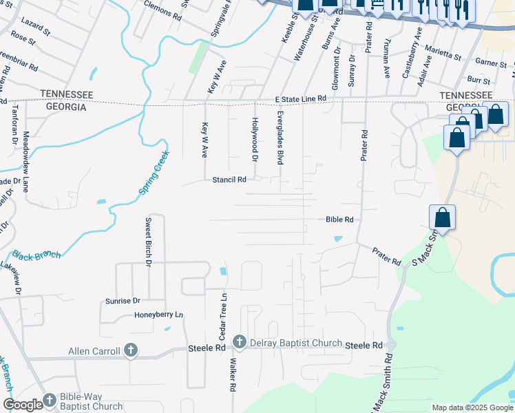 map of restaurants, bars, coffee shops, grocery stores, and more near 223 Trace Lane in Rossville