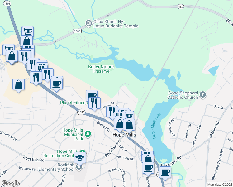 map of restaurants, bars, coffee shops, grocery stores, and more near 5636 Pope Street in Hope Mills