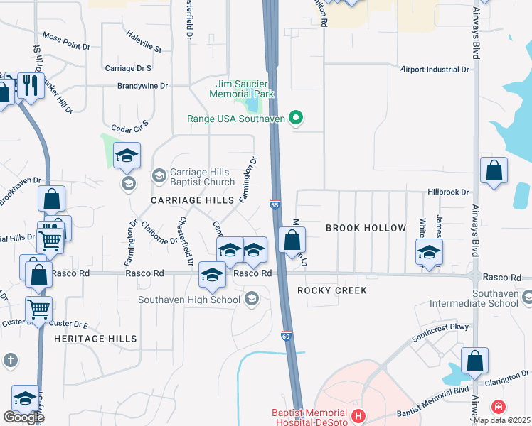 map of restaurants, bars, coffee shops, grocery stores, and more near 747 Cumberland Cove in Southaven