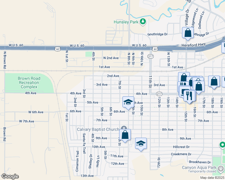 map of restaurants, bars, coffee shops, grocery stores, and more near 601 4th Avenue in Canyon