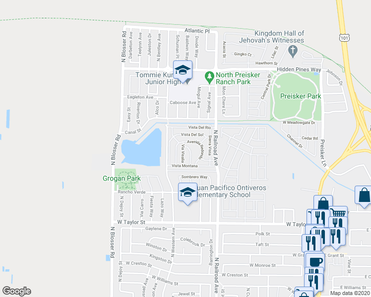 map of restaurants, bars, coffee shops, grocery stores, and more near 2150 Via Visalia in Santa Maria