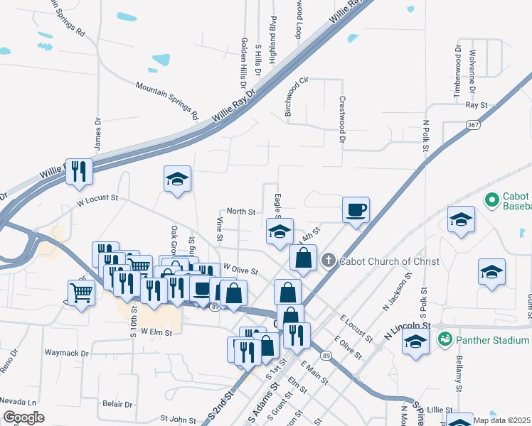 map of restaurants, bars, coffee shops, grocery stores, and more near 126 North Park Street in Cabot