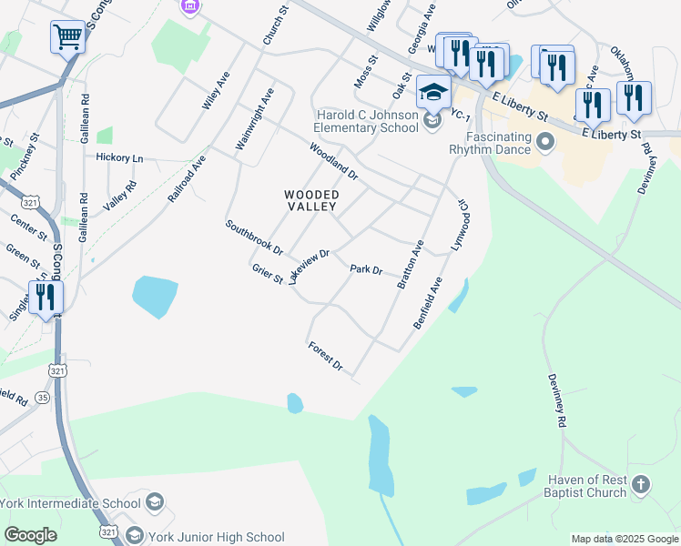 map of restaurants, bars, coffee shops, grocery stores, and more near 7 Park Drive in York
