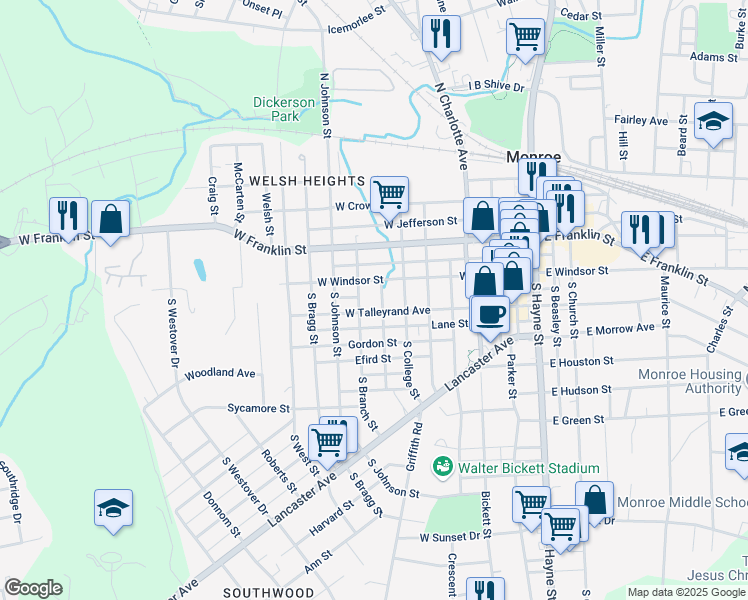 map of restaurants, bars, coffee shops, grocery stores, and more near 106 Sanford Street in Monroe