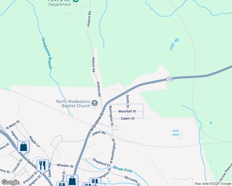 map of restaurants, bars, coffee shops, grocery stores, and more near 1331 North Greene Street in Wadesboro