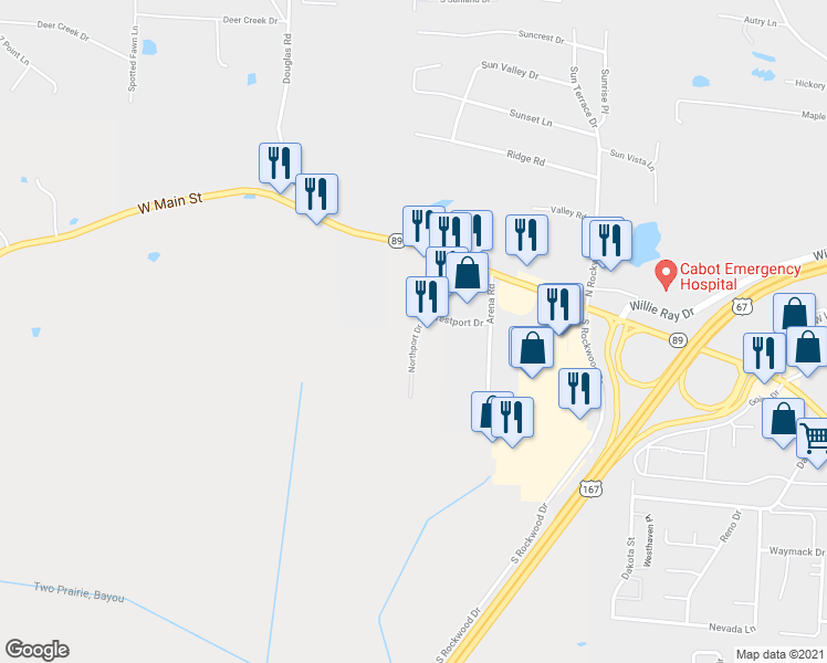 map of restaurants, bars, coffee shops, grocery stores, and more near 300 Northport Drive in Cabot