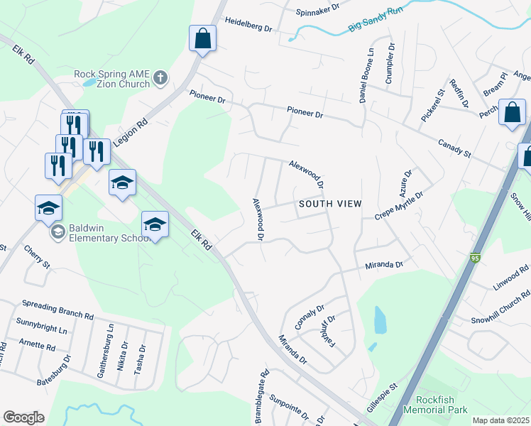 map of restaurants, bars, coffee shops, grocery stores, and more near 1305 Alexwood Drive in Hope Mills