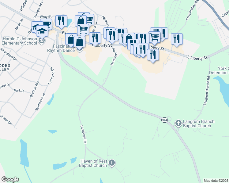 map of restaurants, bars, coffee shops, grocery stores, and more near 1136-1298 Highway 324 in York