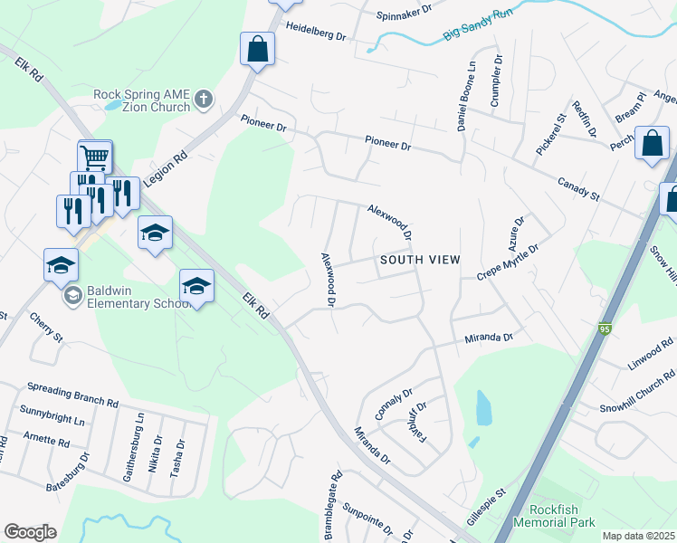 map of restaurants, bars, coffee shops, grocery stores, and more near 1305 Alexwood Drive in Hope Mills