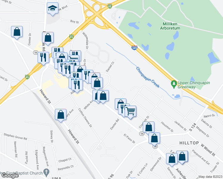 map of restaurants, bars, coffee shops, grocery stores, and more near 8020 White Avenue in Spartanburg
