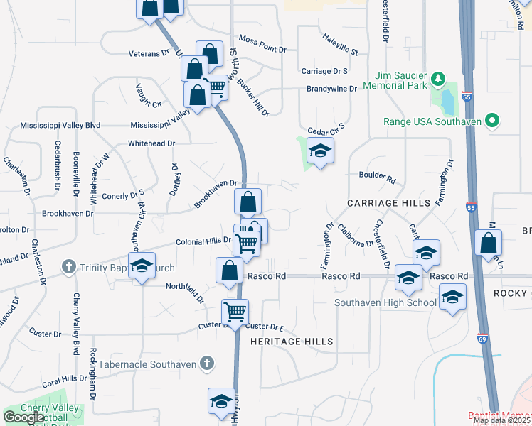 map of restaurants, bars, coffee shops, grocery stores, and more near 8156 South Park Circle in Southaven