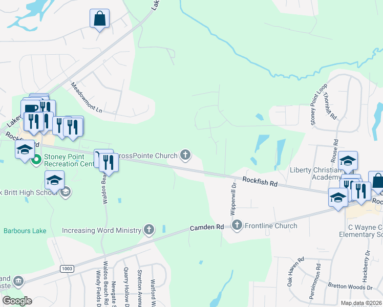 map of restaurants, bars, coffee shops, grocery stores, and more near 7000 Rockfish Road in Fayetteville