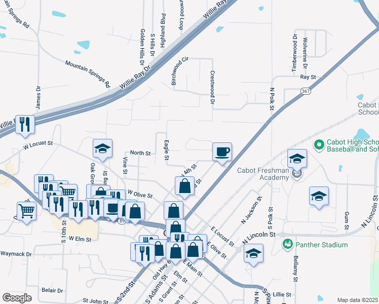 map of restaurants, bars, coffee shops, grocery stores, and more near 402 West Cherry Street in Cabot