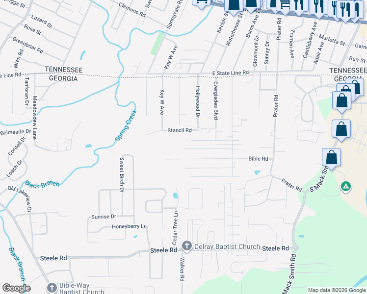 map of restaurants, bars, coffee shops, grocery stores, and more near 283 Fairlane Drive in Rossville