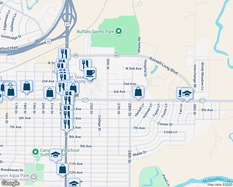 map of restaurants, bars, coffee shops, grocery stores, and more near 2612 3rd Avenue in Canyon