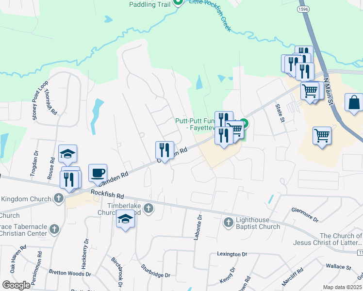 map of restaurants, bars, coffee shops, grocery stores, and more near 3621 Harrisburg Drive in Fayetteville