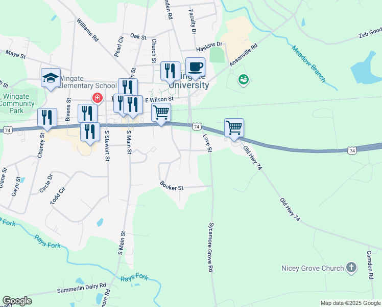map of restaurants, bars, coffee shops, grocery stores, and more near in Wingate