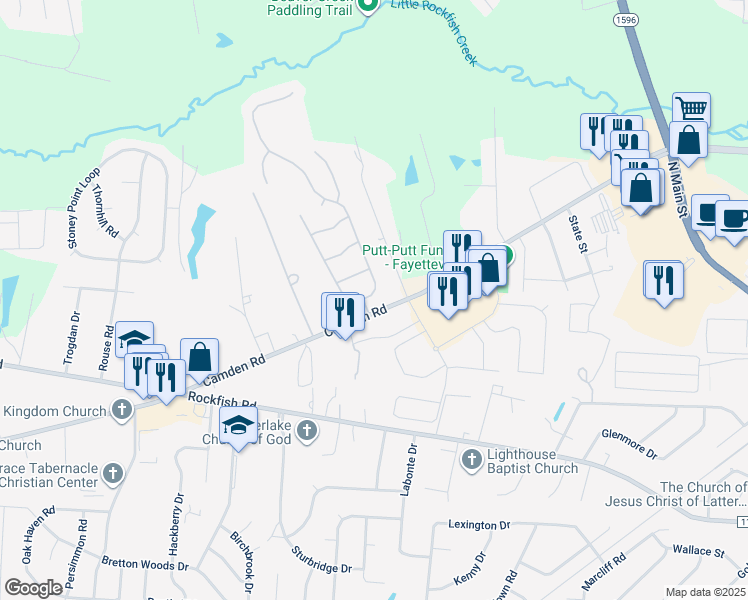 map of restaurants, bars, coffee shops, grocery stores, and more near 3621 Harrisburg Drive in Fayetteville