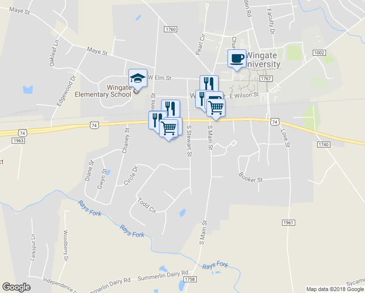 map of restaurants, bars, coffee shops, grocery stores, and more near 202 South Stewart Street in Wingate