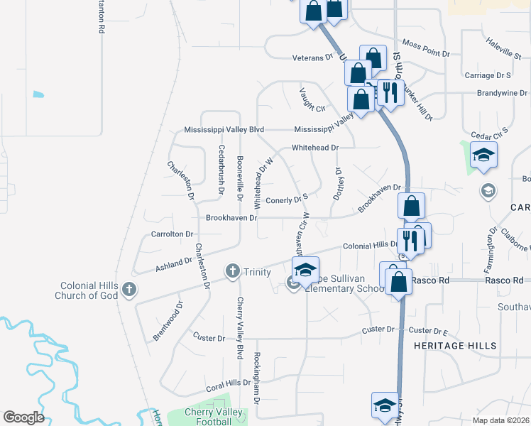 map of restaurants, bars, coffee shops, grocery stores, and more near 1825 Brookhaven Drive in Southaven