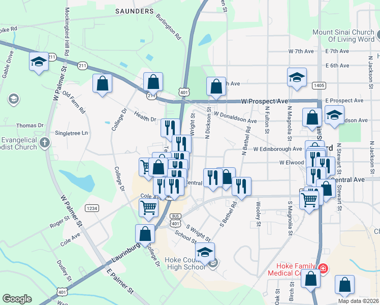map of restaurants, bars, coffee shops, grocery stores, and more near 226 N Wright St in Raeford