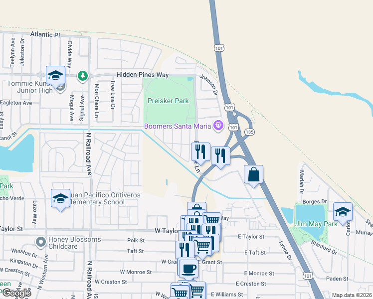 map of restaurants, bars, coffee shops, grocery stores, and more near 129 Channel Drive in Santa Maria