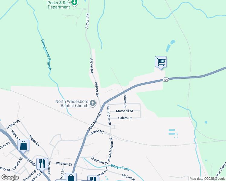 map of restaurants, bars, coffee shops, grocery stores, and more near 1332 North Green Street in Wadesboro