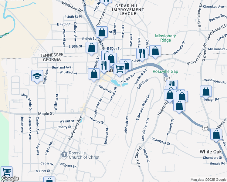 map of restaurants, bars, coffee shops, grocery stores, and more near 305 Missionary Avenue in Rossville