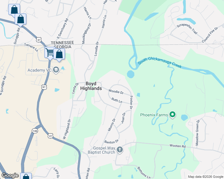 map of restaurants, bars, coffee shops, grocery stores, and more near 512 Foster Drive in Ringgold