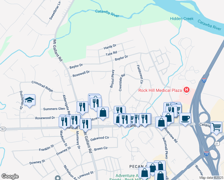 map of restaurants, bars, coffee shops, grocery stores, and more near 1976 Bristol Parkway in Rock Hill