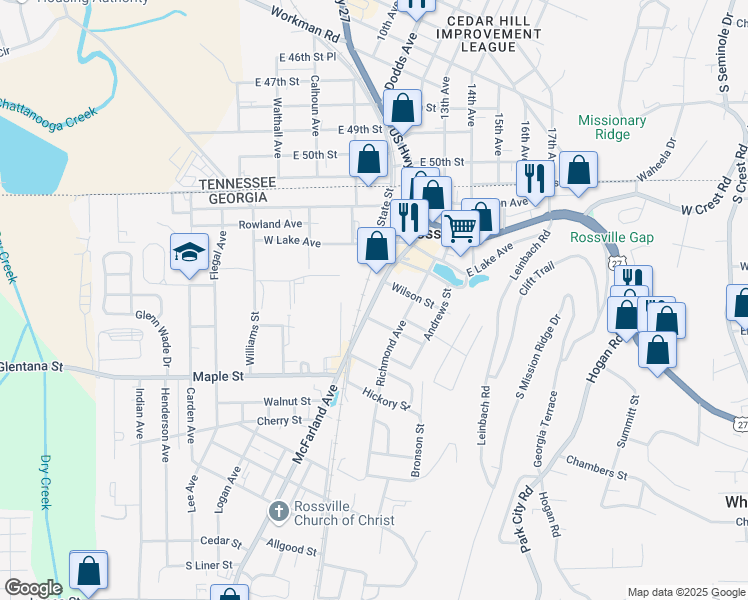 map of restaurants, bars, coffee shops, grocery stores, and more near 94 Wilson Street in Rossville