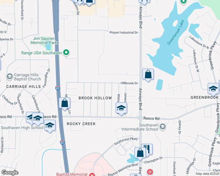 map of restaurants, bars, coffee shops, grocery stores, and more near 228 Hillbrook Drive in Southaven