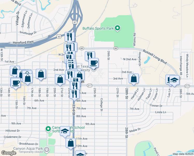 map of restaurants, bars, coffee shops, grocery stores, and more near in Canyon