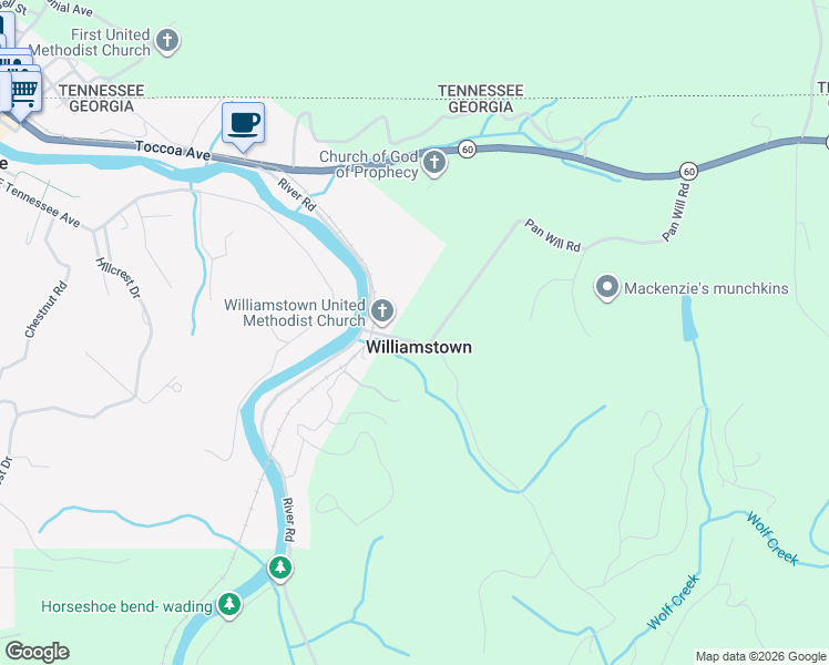 map of restaurants, bars, coffee shops, grocery stores, and more near 111 Williamstown Road in Mineral Bluff