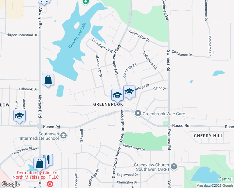 map of restaurants, bars, coffee shops, grocery stores, and more near 588 Lakeshore Drive South in Southaven