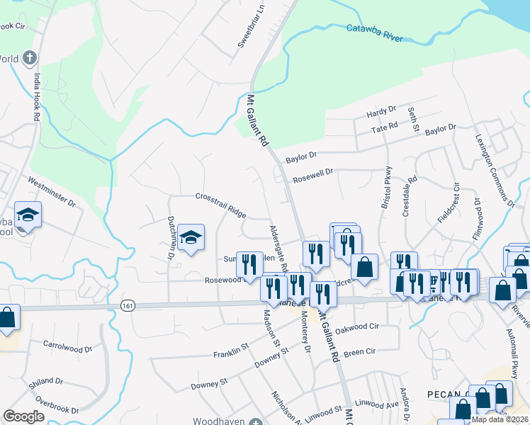 map of restaurants, bars, coffee shops, grocery stores, and more near 2038 Aldersgate Road in Rock Hill