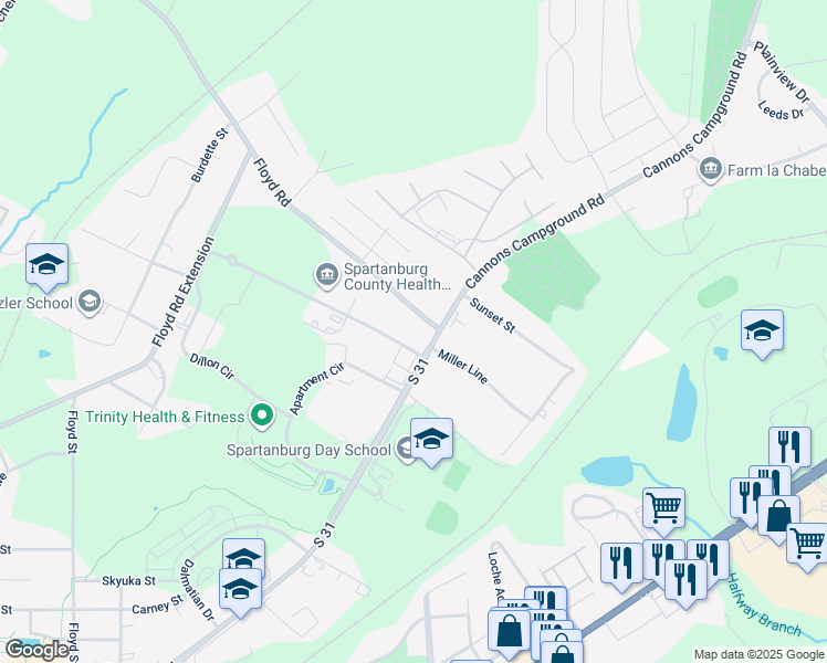 map of restaurants, bars, coffee shops, grocery stores, and more near 104 Dillon Drive in Spartanburg