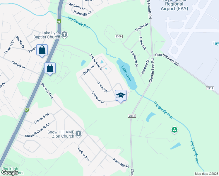 map of restaurants, bars, coffee shops, grocery stores, and more near 3342 7 Mountain Drive in Fayetteville