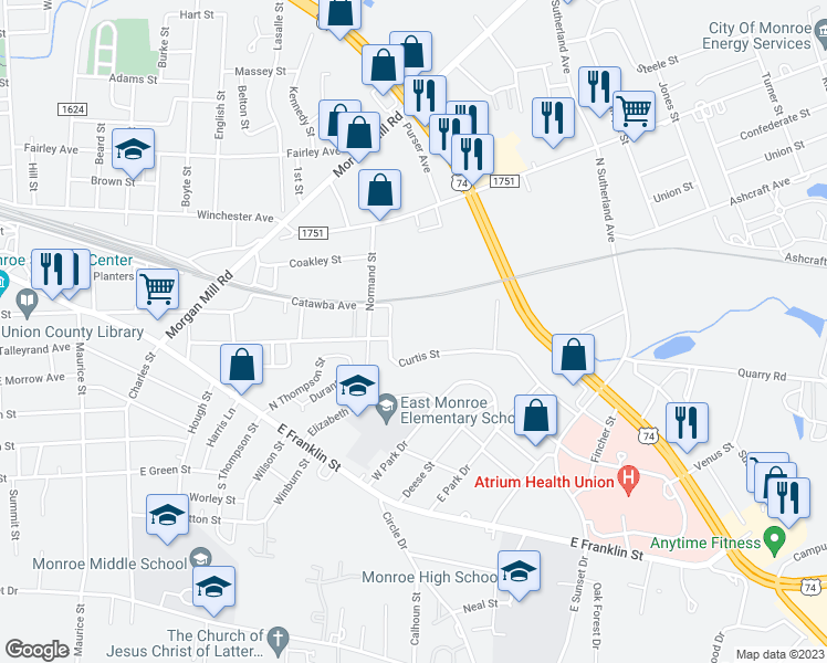 map of restaurants, bars, coffee shops, grocery stores, and more near 1101 Curtis Street in Monroe