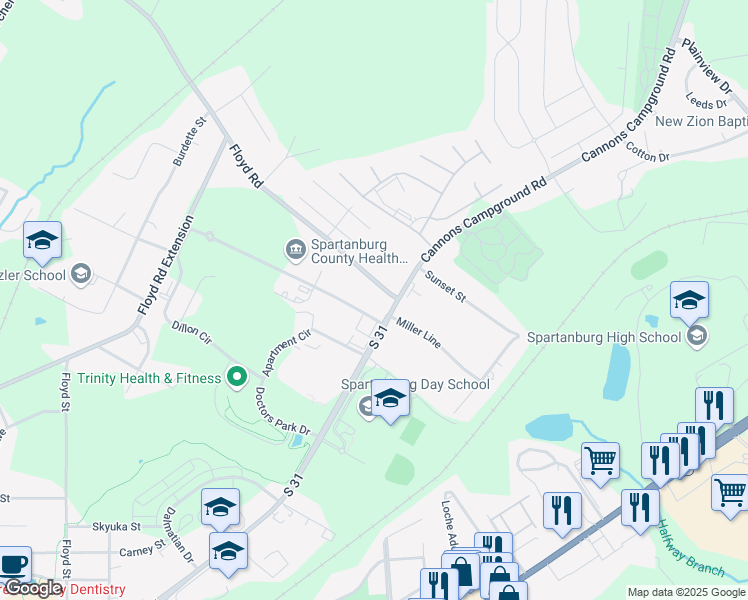 map of restaurants, bars, coffee shops, grocery stores, and more near 104 Dillon Drive in Spartanburg
