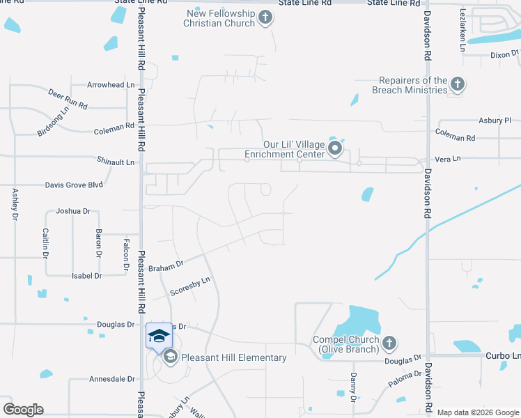 map of restaurants, bars, coffee shops, grocery stores, and more near Braham Drive in Olive Branch