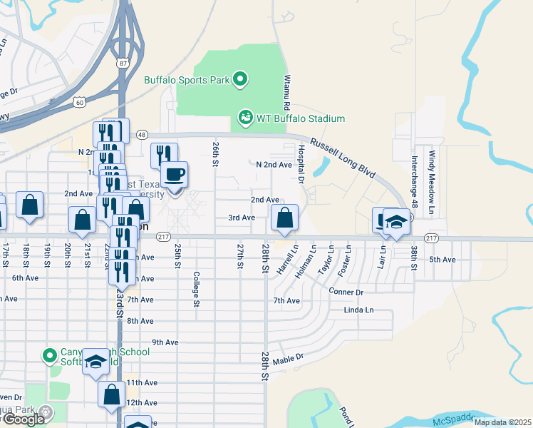 map of restaurants, bars, coffee shops, grocery stores, and more near 2709 3rd Avenue in Canyon