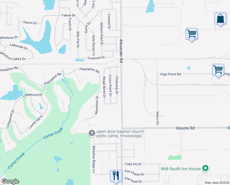 map of restaurants, bars, coffee shops, grocery stores, and more near 8337 Clubview Drive in Olive Branch