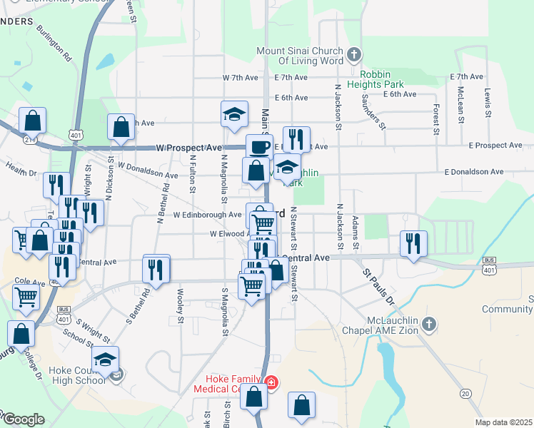 map of restaurants, bars, coffee shops, grocery stores, and more near Main St & E Edinborough Ave in Raeford