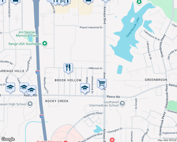 map of restaurants, bars, coffee shops, grocery stores, and more near 148 Hillbrook Drive in Southaven