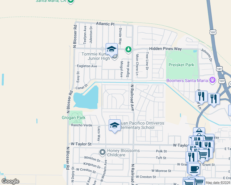 map of restaurants, bars, coffee shops, grocery stores, and more near 2170 Avenida Redondo in Santa Maria