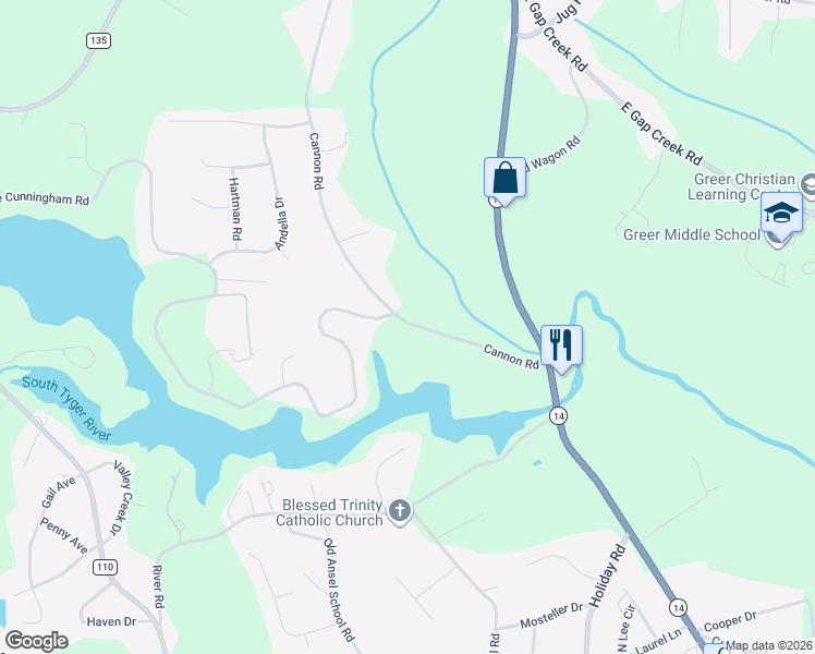 map of restaurants, bars, coffee shops, grocery stores, and more near 3100 Cannon Road in Greer