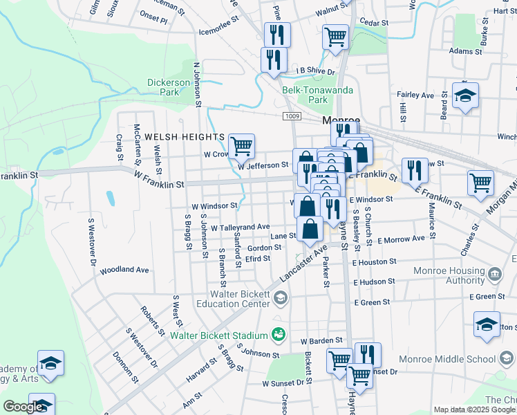 map of restaurants, bars, coffee shops, grocery stores, and more near 505 West Windsor Street in Monroe