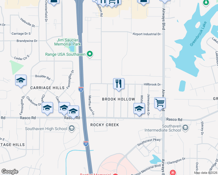 map of restaurants, bars, coffee shops, grocery stores, and more near 494 Hillbrook Drive in Southaven