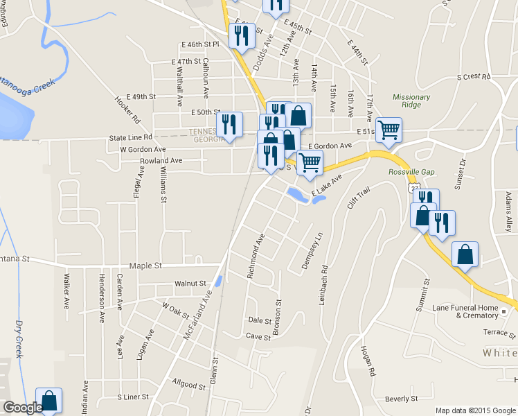 map of restaurants, bars, coffee shops, grocery stores, and more near 107 Wilson Street in Rossville